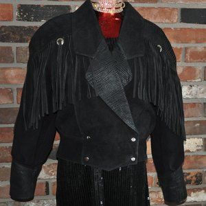 Vintage 80s Black Western Suede Leather With Fringe Jacket M